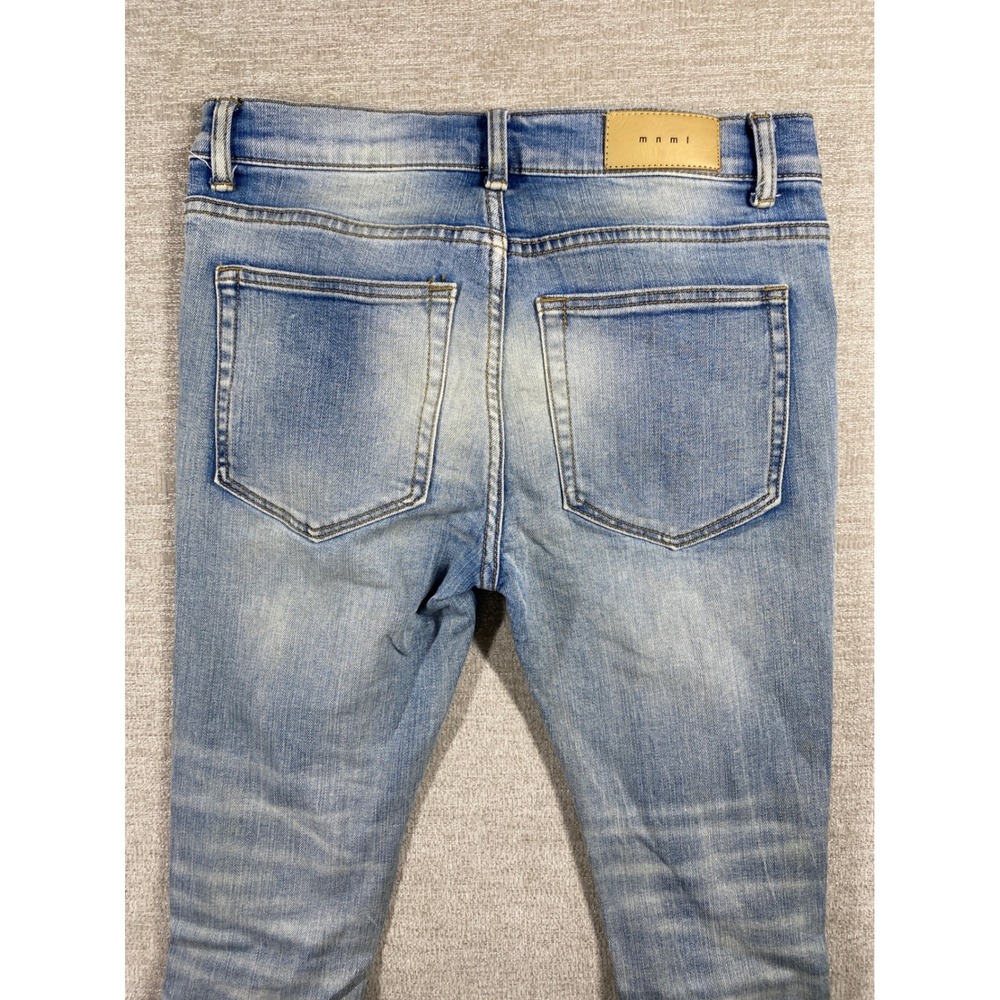 MNML M14 Stretch Denim Jeans Men 31 Light Blue Distressed Rhinestone Backing - Picture 6 of 8